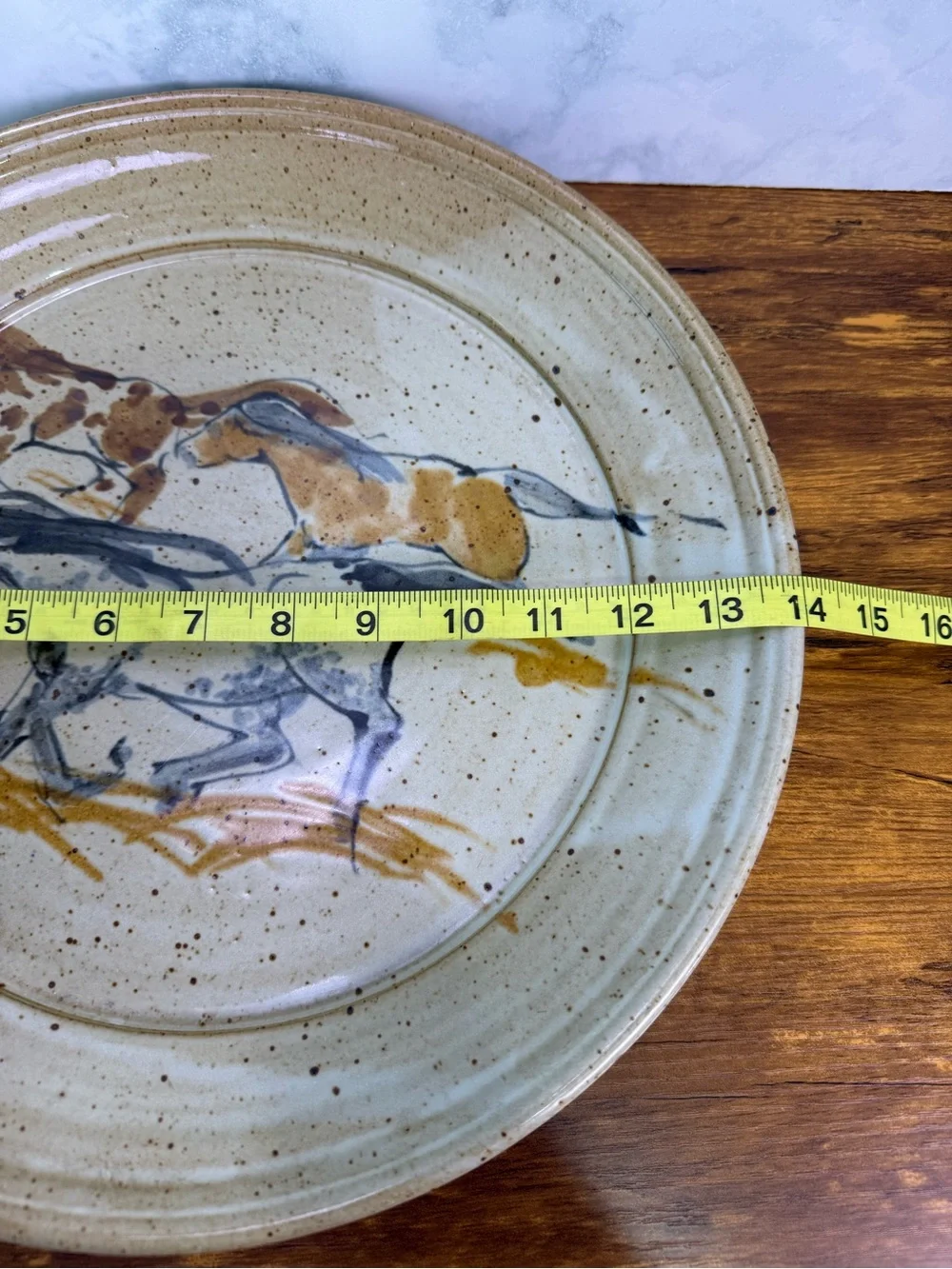 Vintage Studio Pottery 14” Horse Plate Platter Hand Painted Stoneware Equestrian